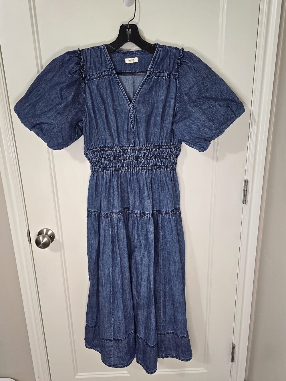 Anthropologie Pilcro Smocked Puffed sleeve Denim Midi Dress Women's XS - Picture 4 of 13